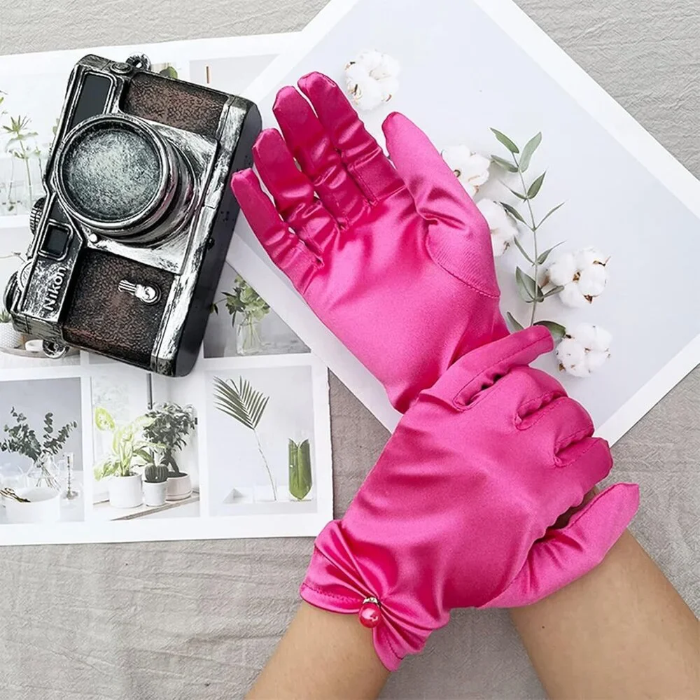 Women's Fuchsia Satin Pearl Wedding Dress Opera Party Wrist Gloves Short Length
